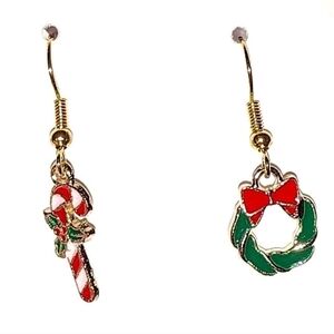 Holiday Christmas Candy Cane Mistletoe Wreath Gold Plated Dangle Drop Earrings